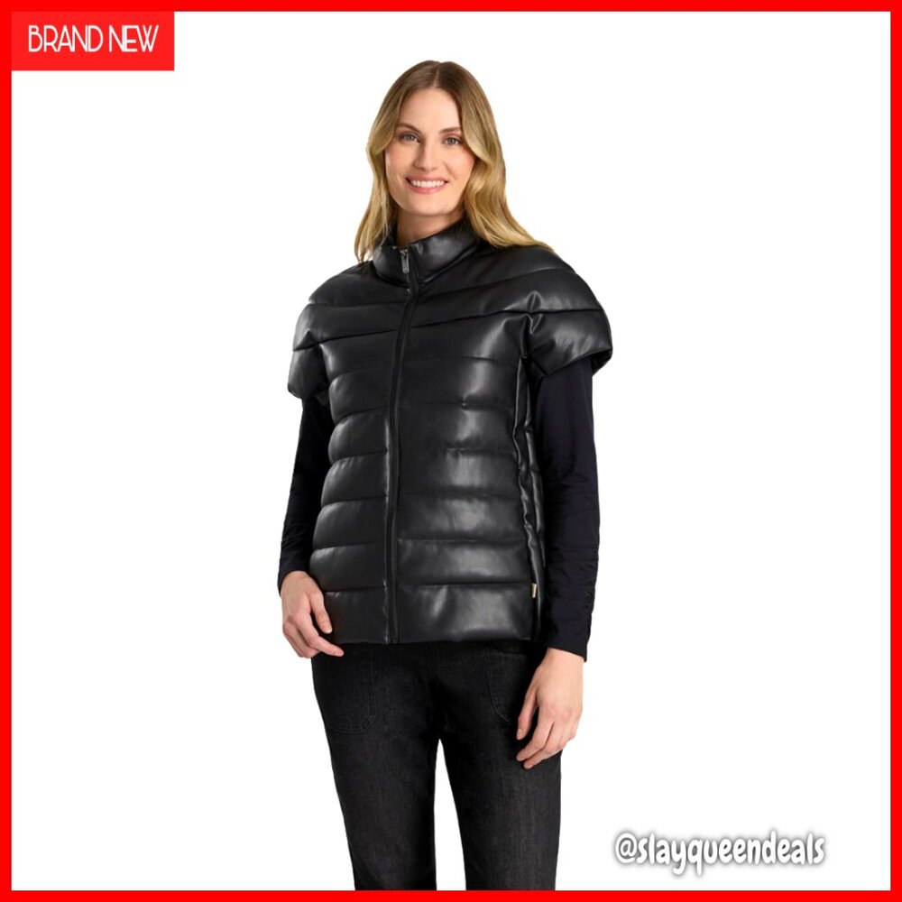 Women's PU Quilted Puffer Vest, Sleeveless Faux Leather Zip Up